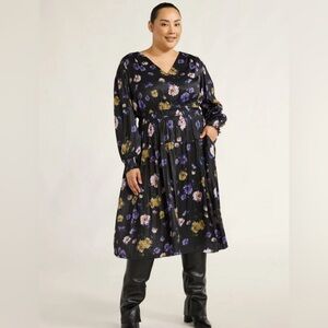 Elegant Long Sleeve Floral Dress; Satin blend; NWT; Sz XL